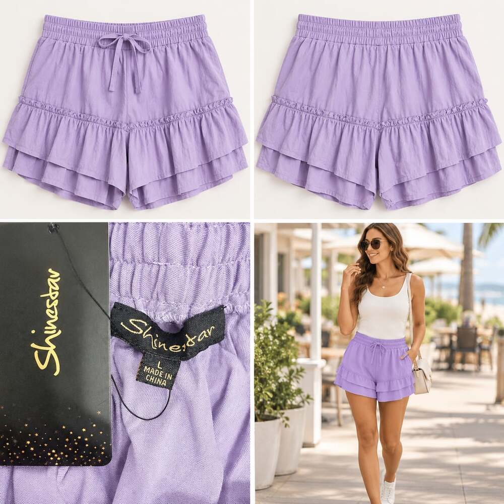 💜 NWT ShineStar Lavender Ruffle Shorts Size L Drawstring Waist